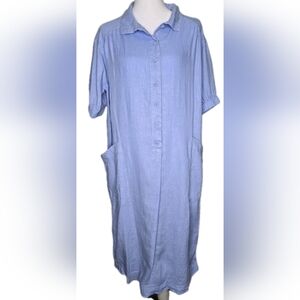 Poetry Blue Linen Shirt Dress Lagenlook Oversized Minimalist Midi Pockets Size 6